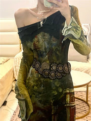 BXOXO Elegant Vintage Green Print Dresses Y2k Skew Collar Long Sleeve Dress for Women Spring New Slim Fit Bodycon Vestidos Mujer