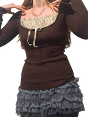 Bxoxo Y2k Women's Long Sleeve Knitted Tops Lace Stitching Neckline Knitwear Bowknot Decoration Slim-Fit Tshirt Pullovers Clubwear