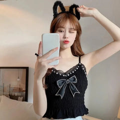 BXOXO Summer Lace Bow Camisole for Women Pleated Crop Tops Vintage Clothes Harajuku Solid Sexy Ladies Sweet Elegant Camisole