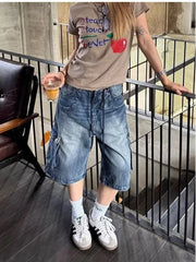 Bxoxo American Retro Blue Denim Calf Length Pants Women Harajuku Y2K Washed Loose Jeans Shorts High Waist Streetwear Wide Leg Shorts