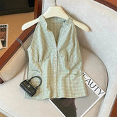 Bxoxo Retro Plaid Off Shoulder Women Shirt Summer Harajuku Single Breasted V Neck Top Korean Chic Sleeveless Crop Camis Blouse Mujer