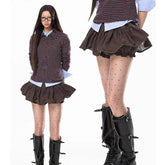 Bxoxo Vintage Low Waist Mini Skirt Korean Style Brown Gyaru Ruffle Skirts Sexy Sweet Retro Solid Streetwear Short Skirts