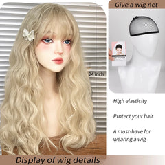 BXOXO Synthetic Pale Gold Curly Water Wave Wigs 24 Inch Fiber Heat-resistant Deep Wave Hair Sweet And Natural Party or Selfie