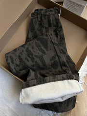 Bxoxo Vintage Leopard Print Wide Leg Jeans Women Y2K High Waist Streetwear Loose Casual Denim Pants Winter Thick Warm Cowboy Trousers