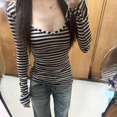 BXOXO Y2k Aesthetics Stripes Button Tops Women Harajuku Slim Fit Casual T-shirt Vintage Sexy Long Sleeve Split Shirts Grunge E-girls