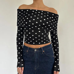 Bxoxo Vintage Elegant Off-shoulder T-shirt Women Casual Full Sleeve Skinny Shirt for Summer Streetwear Basic Tees y2k Aesthetic