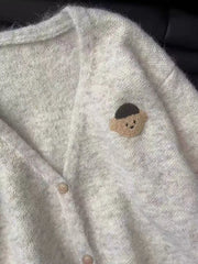 Bxoxo Soft Knit Cardigan for Women Korean Loose V Neck Single Breasted Casual Sweaters Sweet Bear Embroidery Preppy Solid Jumper New