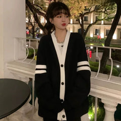 Bxoxo Varsity Cardigan Sweater for Women Long Sleeve V-Neck Button-up Knit Slouchy Cardi Korean School-girl Preppy Fall Winter Outfit