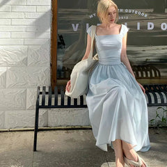 Bxoxo Elegant Stitching Dress Female Korean Chic Square Collar Short Sleeve Beach Party Dress Ladies High Waist All-Match A Line Dress