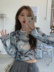BXOXO Long Sleeve T-shirts Women Tie-dye Printed Summer Sun-proof Cropped Tops Fashion High Street Gauze Korean Style Chic Teens Retro