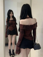 Bxoxo Hot Girl Hanging Neck Off Shoulder Long Sleeved T-shirt for Women New Niche Slim Fit and Slimming Short Top