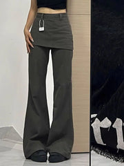 Bxoxo Harajuku Patchwork Women Flared Pants Vintage High Waist American Style Fake Two Piece Trousers Y2k Baggy Solid Gyaru