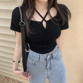 Bxoxo Summer Korean Fashion Y2K T-shirt Woman Japanese Halter Bandage Sexy Tee Shirt Women Vintage Corset Skinny V-neck Crop Top