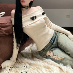 BXOXO Women Off Shoulder Slash Neck Sweater Long Sleeve Knitwear Solid Pullovers Sexy Girl Street Short Tops Y2k Fall Winter