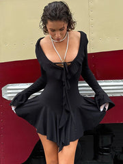 BXOXO Ruffled Lace-Up White Mini Dress Women's V-Neck Patchwork Long Sleeve Sexy Slim Dress Bandage Elegant Female Summer Dress