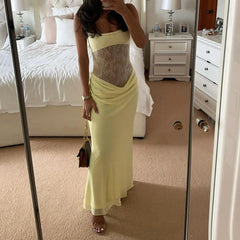 BXOXO Elegant Fashion Lace Trimmed Maxi Dress Hot Sexy Cut Out Backless See Through Draped Slip Dresses Coquette Summer