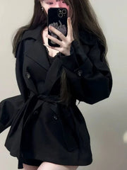 Bxoxo Y2K Black Coats for Women Korean Loose Elegant Double Breasted Lace Up Trench Jacket Ropa Mujer Streetwear Lapel Blend Outerwear