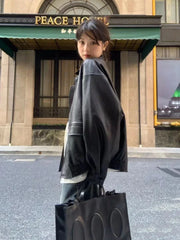 BXOXO Vintage PU Leather Jacket Women High Street Techwear Oversized Moto Biker Coats BF Punk Loose Casual Cropped Outerwear