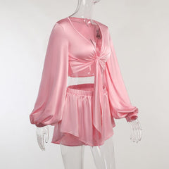 Pretty In Pink Satin Tie Up Crop Top & short Set
