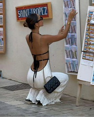 BXOXO Sexy Elegant Halter Dress Women Summer Backless Lace-Up Color-Block Sleeveless Trendy Nightclub Wild Fashion Clothing