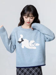 Bxoxo Cartoon Cat Print Kawaii Sweaters Women Sweet Bow Long Sleeve Cute Knitted Jumper Vintage Japan O Neck Casual Loose Pullovers