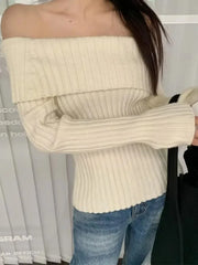 Bxoxo Autumn Winter Solid Color Rib Knitted Off the Shoulder Pullover Sweater Sexy Women Full Sleeve Slim Stretch Knitwear Jumper