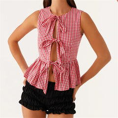 BXOXO Women Y2k Babydoll Tank Top Vintage Tie Side Plaid Sleeveless Peplum Cami Top Summer Going Out Crop Top Streetwear