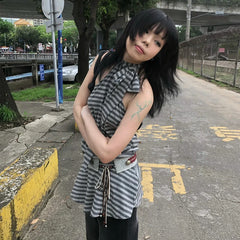 BXOXO Japanese Y2k Tank Tops Women Striped Backless T-shirts Sleeveless Streetwear American Retro Camis Aesththic 2000s Tops