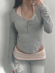 BXOXO Buttons V-neck Crop Top Y2K Aesthetic Long Sleeve Slim T Shirt for Women Autumn Harajuku Gray Casual Korean Style