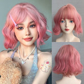 BXOXO 12 Inch Synthetic Short Pink Water Curly Wave Bangs Wig Fiber Wig Heat-resistant Natural Soft Cosplay Hairpiece For Women