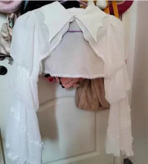 BXOXO Gothic Lolita Cardigan Blouse Women Loose Puff Sleeve Lace Patchwork Black Cropped Shirts Japanese Harajuku All Match Capes Top