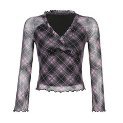BXOXO Y2K Aesthetic Frill Plaid Tshirt Mesh Top V Neck Chic Bow Ruffles Autumn Tee Shirts Female Clothing Vintage Fashion