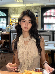 BXOXO Y2k Fairycore Halterneck T Shirt Women Sleeveless Lace Patchwork Tank Tops Irregular Ruffles Camis 2000s Aesthetic Tops