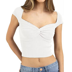 BXOXO Knit Crop Top y2k Aesthetic Women Solid Color Front Twist V Neck Short Sleeve Ribbed T Shirt Casual Basic Vest 2000s Streetwear