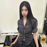 BXOXO Korean Shirt Women Lace Up Striped Slim Shirt Y2k Vintage Tops Half Sleeve Streetwear Japanese 2000s Hollow Out Shirts