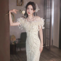 BXOXO Beige white light luxury fairy evening dress new line shoulder waist fish tail banquet evening dress