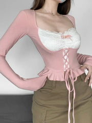 BXOXO Pink Long Sleeve Top Women Coquette Girl Aesthetic Sexy Lace Patchwork Square Collar Bandage Slim T-shirt Y2k Crop Top