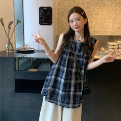 Bxoxo Japanese Sweet Plaid Shirt Women Summer Chic Patchwork Sleeveless Blouse Female New Loose Streetwear All Match O Neck Tops