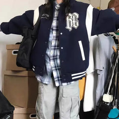 Bxoxo Vintage Letter Embroidery Baseball Jacket Women Y2K Korean Loose Preppy Button Coats Bf Autumn Outdoor All Match Windbreaker