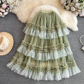 Bxoxo Fairycore Sweet Long Skirts Women Elegant Korean Style Ruffle Cake Skirt Cutecore Fashion High Waist Mesh Layered Skirt