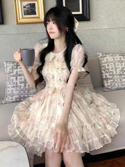 Bxoxo Floral Sweet Mini Dress Women Vintage Cute Ruffles Puffy Sleeve Dress Casual Summer Slim High Quality Elegant Vestidos New