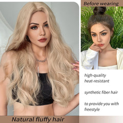BXOXO Golden Curly Wave No Bangs Wigs 26 Inch Fiber Synthetic Heat-resistant Deep Wave Wig Party or Selfie