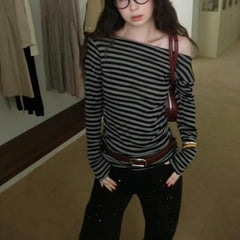 Bxoxo Vintage Striped Women T-Shirts Skew Collar Off Shoulder Long Sleeve American Retro Tees Slim Casual Streetwear Spring