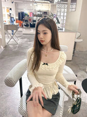 Bxoxo Korean Style White T-shirts Women Fairycore Cute Ruffles Long Sleeve Tees Y2k Sweet Slim Corset Tops Autumn 2025 Ropa