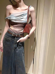 Bxoxo Fashion Tie Dye Mesh Women Vest Y2K Korean Chic Irregular Slim Female Crop Tops Ladies Elegant Bohemian Off Shoulder Tank