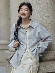 Bxoxo Preppy Style Sweet Striped Shirt Women Loose Casual Long Sleeve Blouse Fall New Vintage Pocket Korean Female Simple Retro Tops
