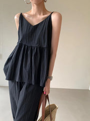 Bxoxo Chic Summer V-ne Casual Wide-leg Pants Set with Pleated Top + High-waist Faionable Women's Ensemble