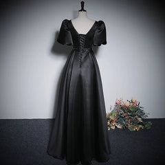 BXOXO Elegant Satin Black Evening Dresses Beaded Ruched Sweetheart Short Sleeves Formal Party Gowns Long Prom Dresses Robe De Soirée