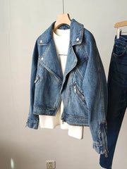 BXOXO Spring Autumn Women Denim Jacket Casual Lady Moto Biker Coat Vintage Lapel Zipper Jacket