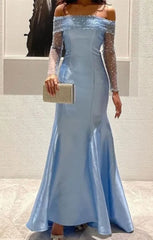 BXOXO Boat Neck Sleeves Ankle Length Arabic Blue Glitter Prom Gowns Satin Evening Dreses Sequined Prom Dress Evening Dresses